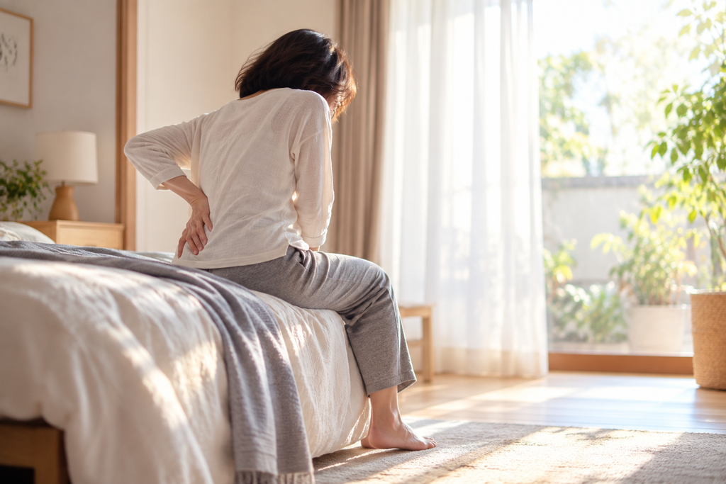 朝、起き上がる瞬間、腰がピキッとしそうでヒヤヒヤする女性